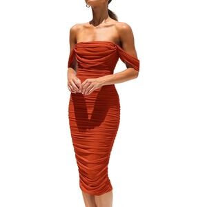 Womens Rust Orange Ruched Mesh‎ Off Shoulder Bodycon Midi Dress Cowl Neck Party